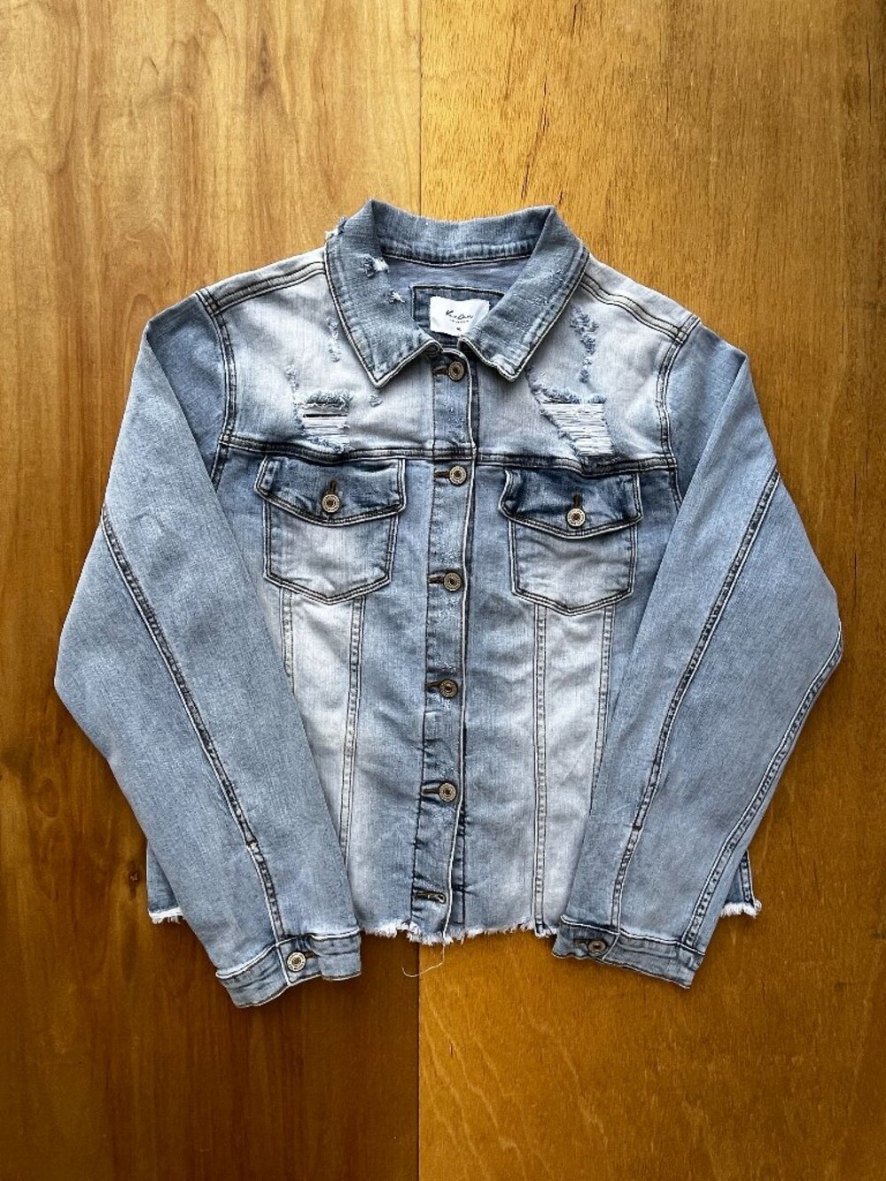 KANCAN STRETCH DENIM JACKET Women’s sz 1XL NWT Frayed Hem Flap Pockets NEW